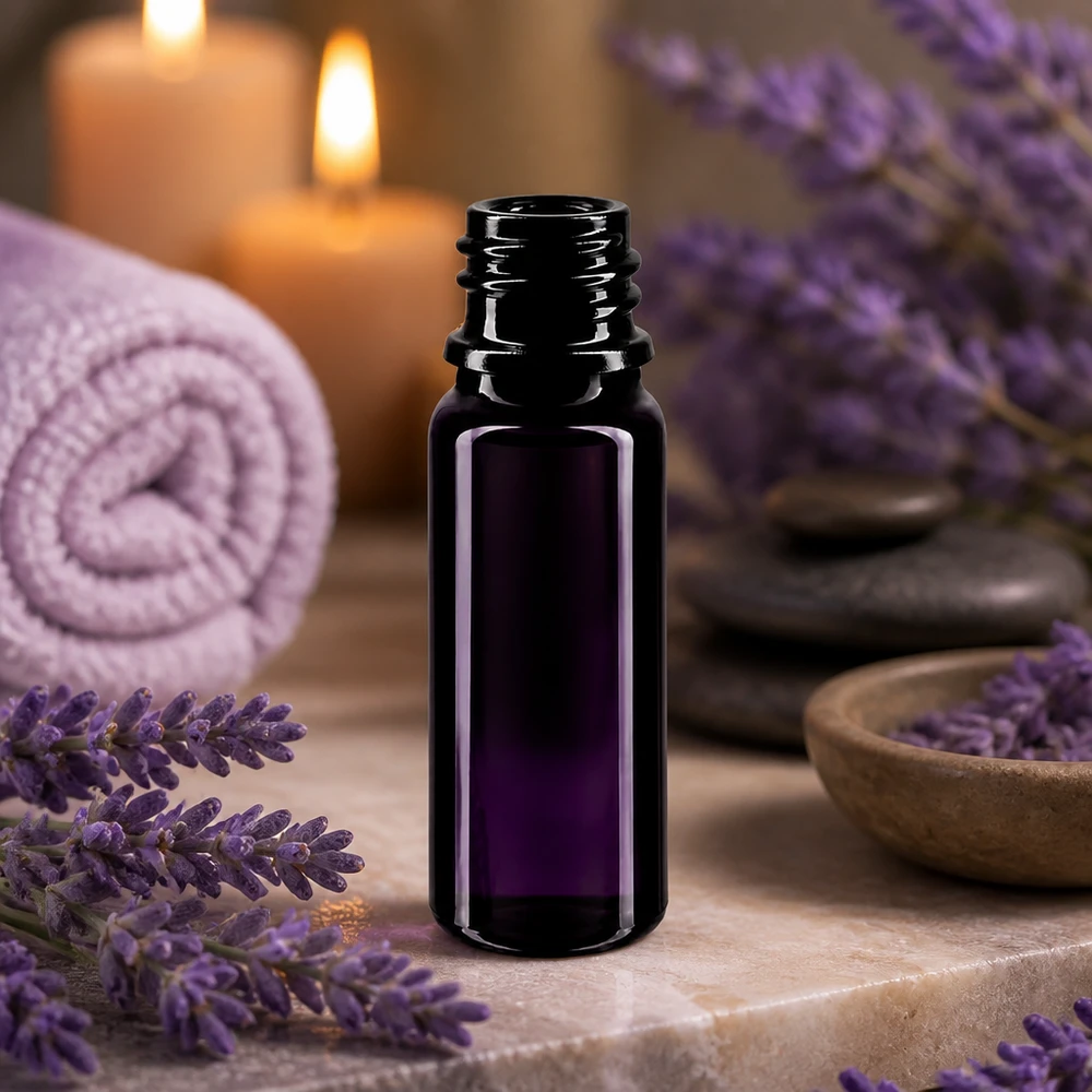 Violet glasflaske 10ml DIN 18 (Mironglas) Lille violet glasflaske 10 ml med DIN 18-gevind, ideel til lavendelolie og spa-anvendelser