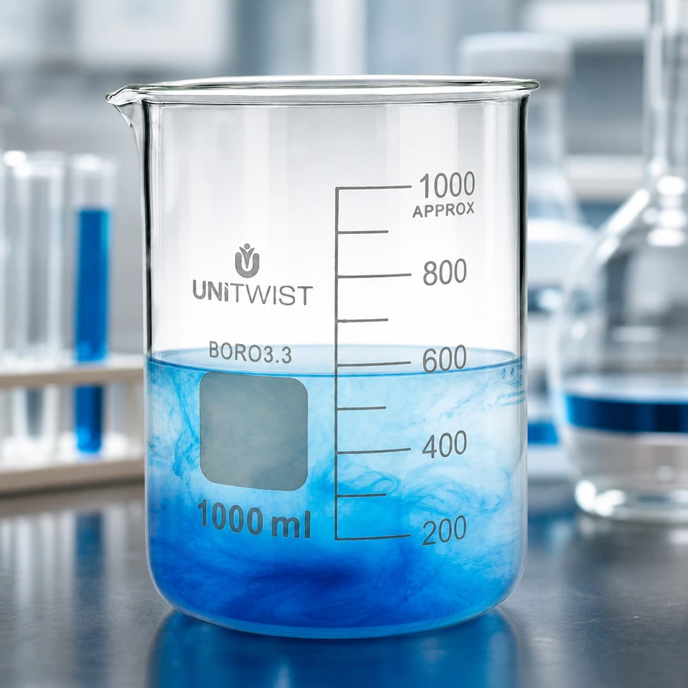 Bæger 1000 ml borosilikat, lav form UNiTWIST Gennemsigtigt borosilikatglas, 1000 ml, lav form, med blå væske og måleskala