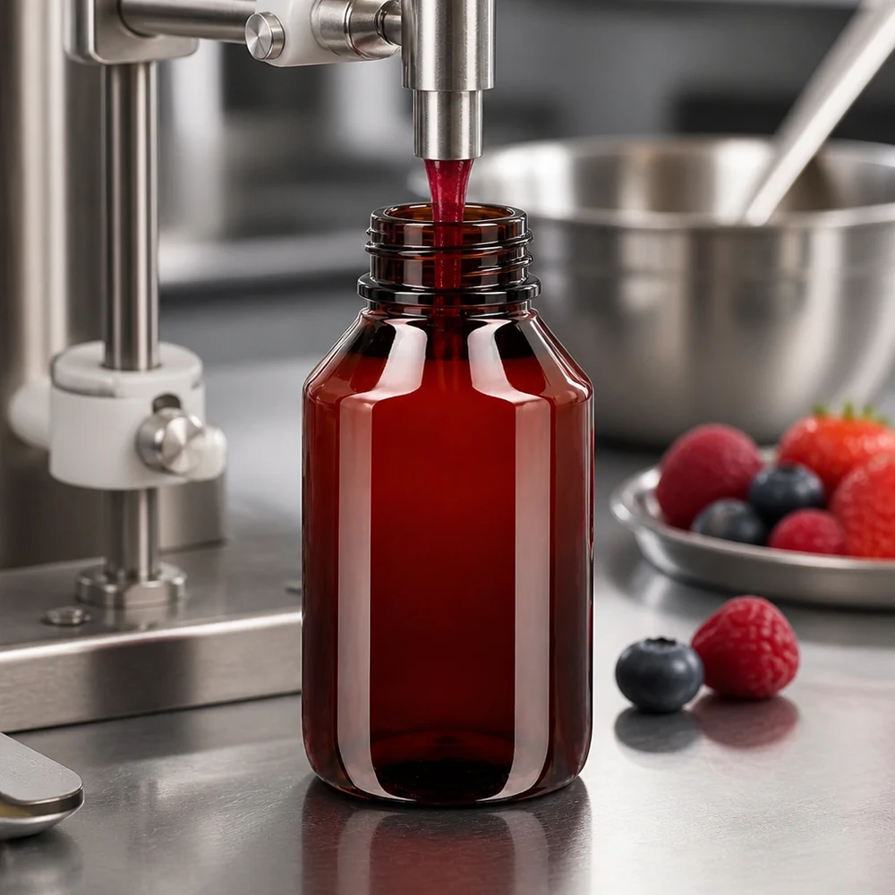 Industrielle Abfüllanlage befüllt bernsteinfarbene 50ml PET Flasche mit Beerensaft