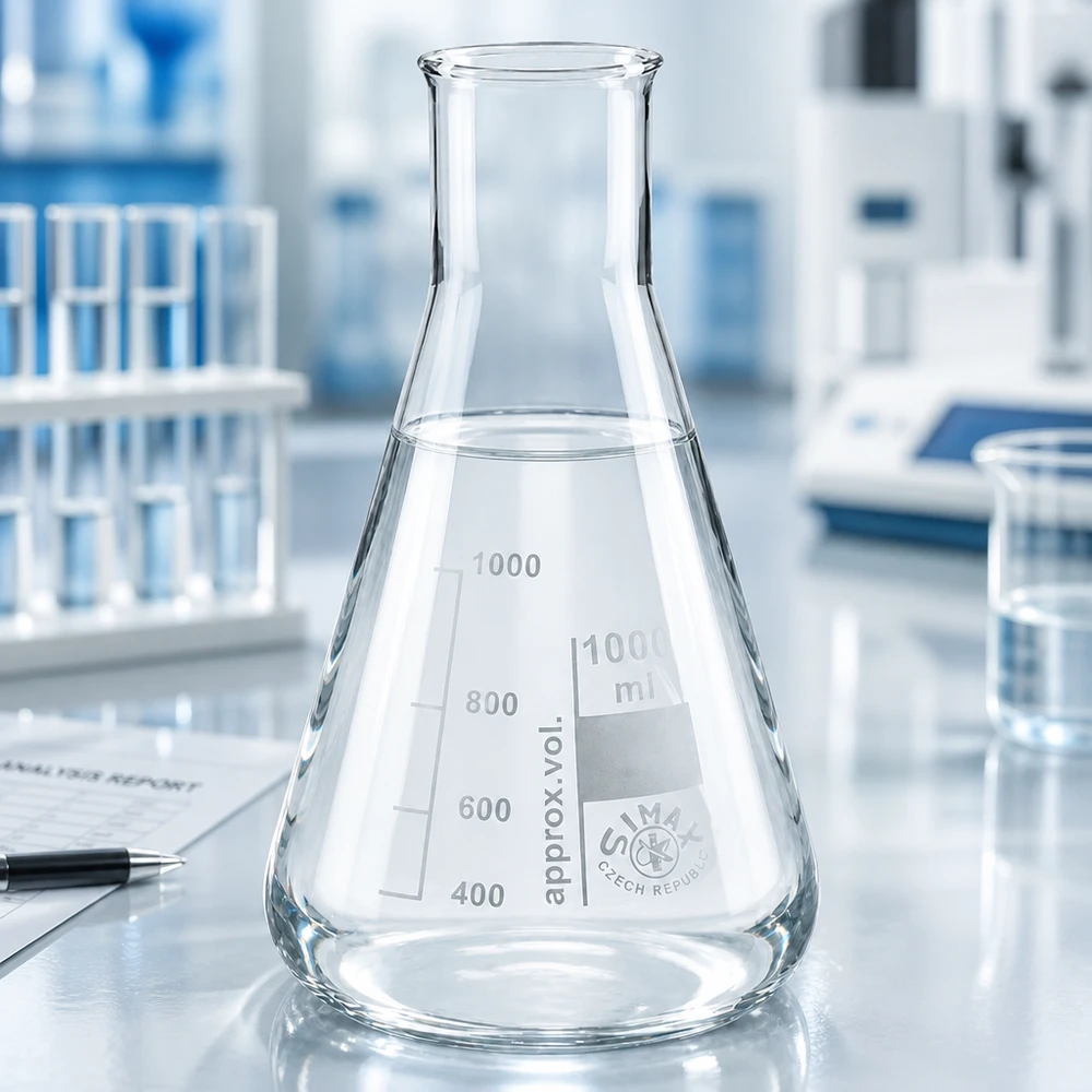 Erlenmeyer-kolbe 200 ml med bred hals Erlenmeyer-kolbe 200 ml med bred hals og skalering op til 200 ml til præcis volumenbestemmelse