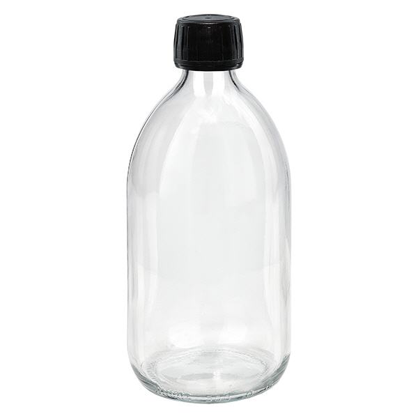 500 ml medicinflaske klar, sort hætte med tyverisikring ApoGlas. Farmaceutisk kvalitet fra EU-produktion. 28 mm (PP28) gevind. (sirup, let glasflaske)