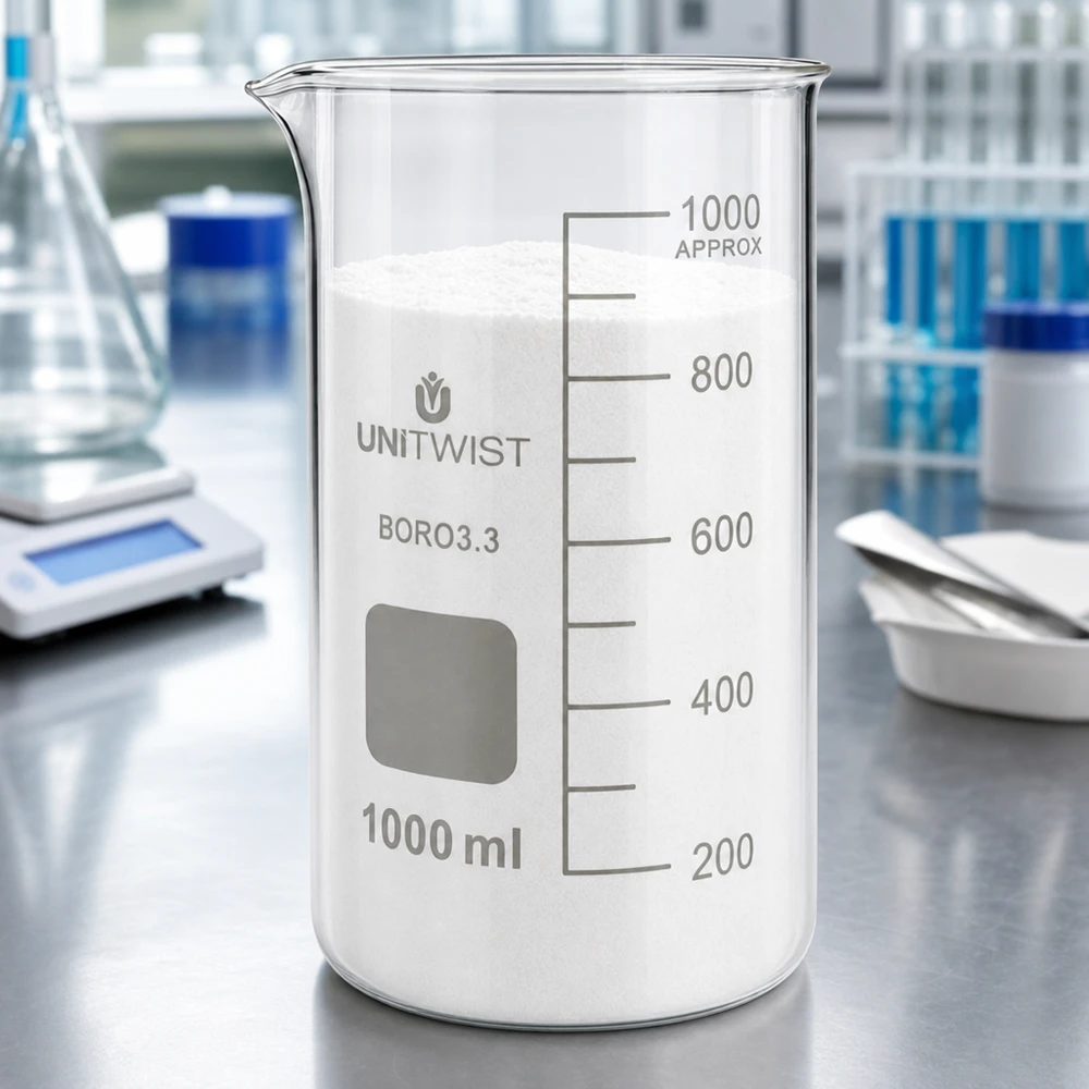 Bæger 1000 ml borosilikat, høj form UNITWIST UNITWIST bægerglas, 1000 ml, høj model, borosilikatglas, fyldt med hvidt pulver i laboratoriet