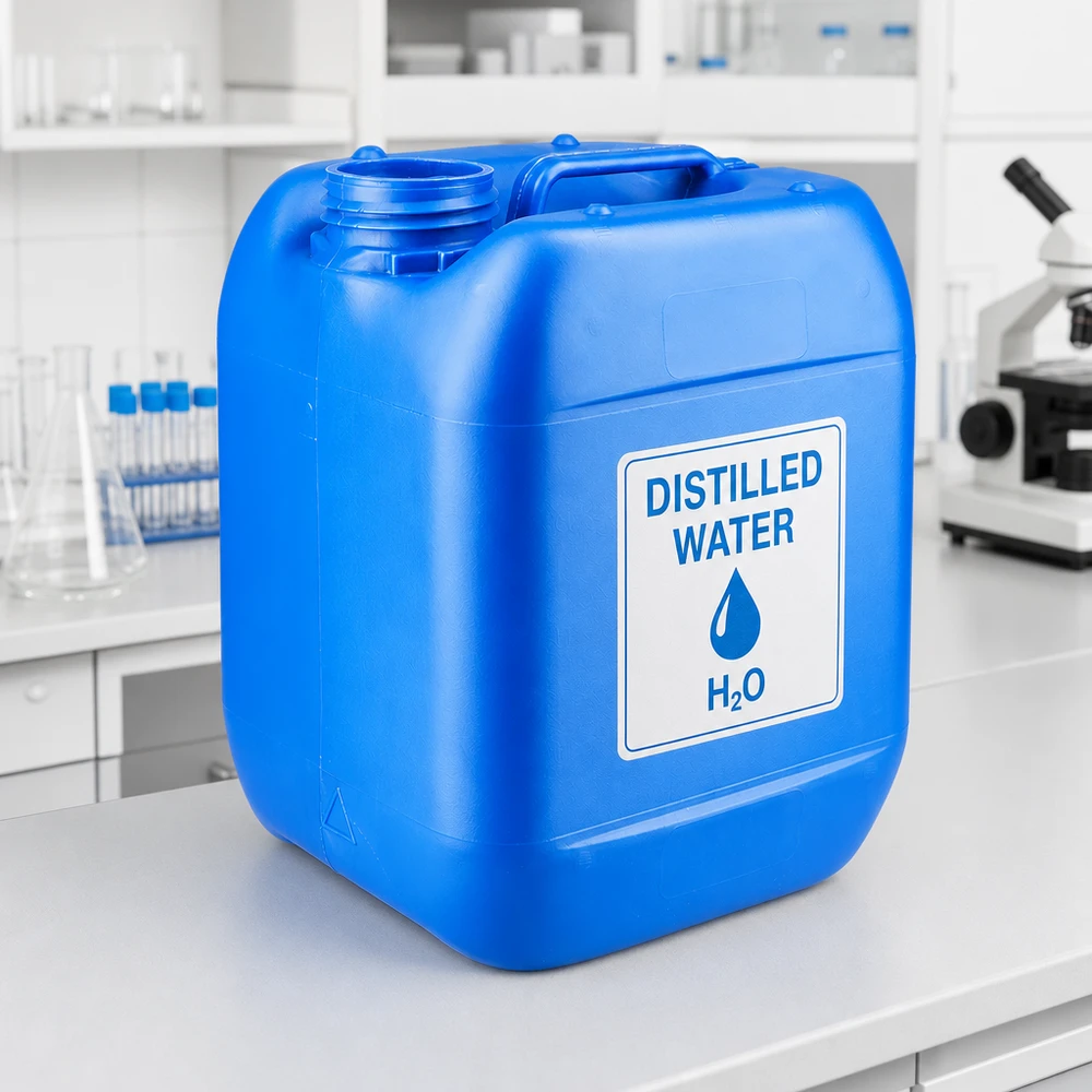 5-liters dunk, blå, uden låg, i laboratoriet med påskriften »Destilleret vand«