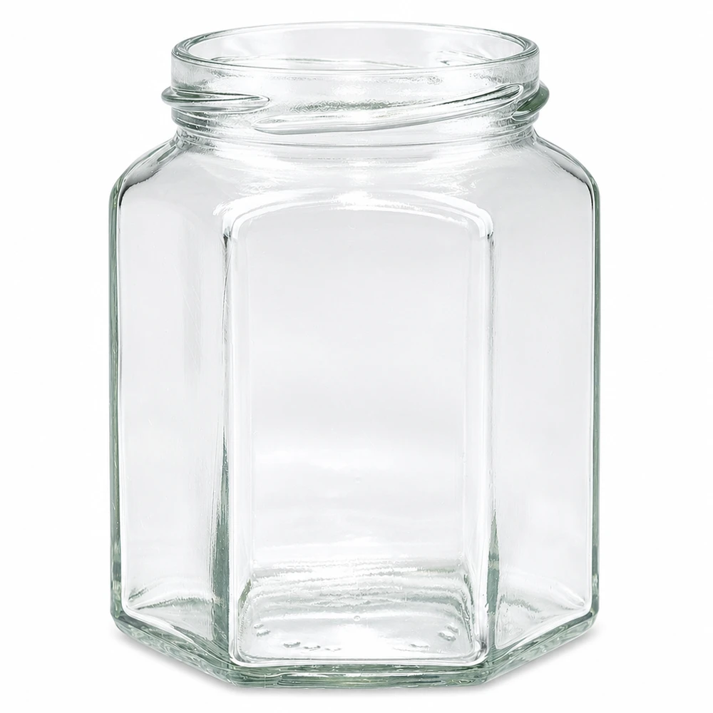 UNiTWIST Hexa288 - 6-hjørnet krukke med en kapacitet på 288 ml TO63 Sekskantet konservesglas UNiTWIST Hexa288 288ml TO63 transparent uden låg