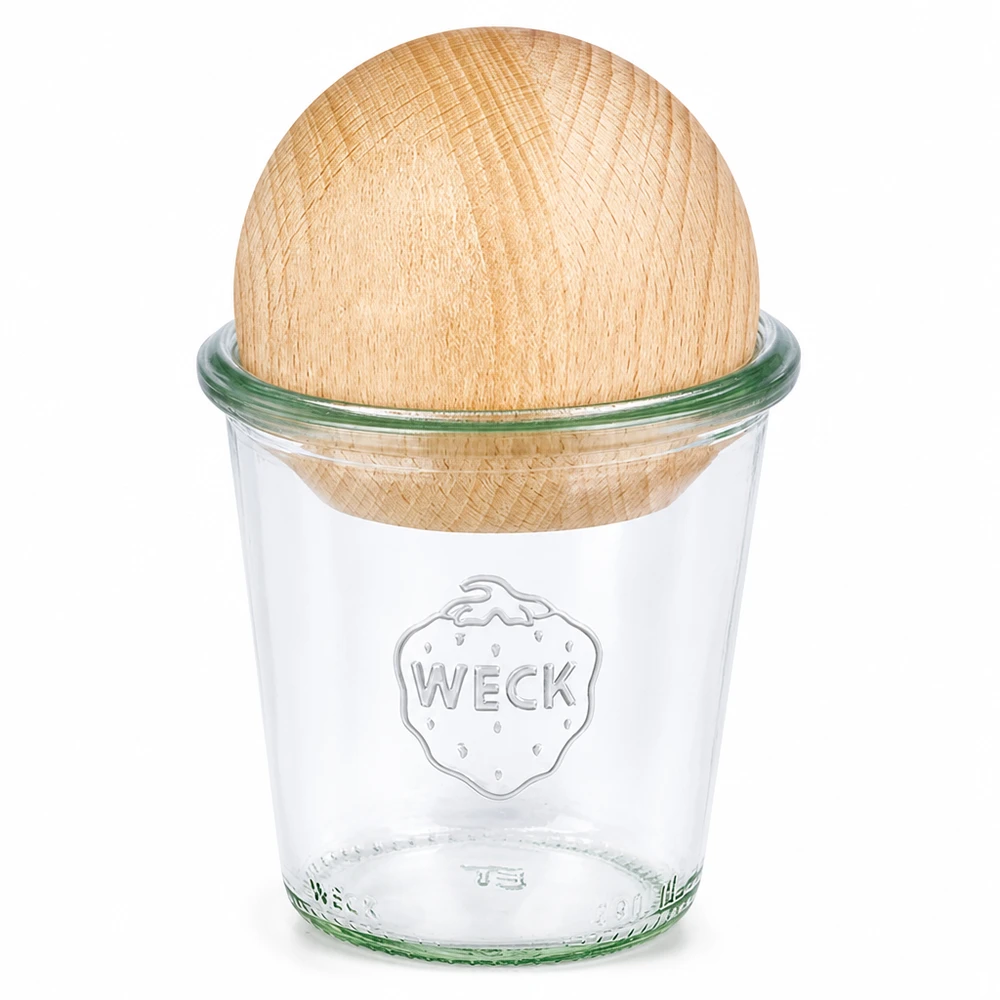 290 ml høje Briller WECK RR80 med trækugle af bøg WECK tumblingkrukke 290 ml RR80 med bøgekugle trælåg konserveringskrukke gennemsigtig