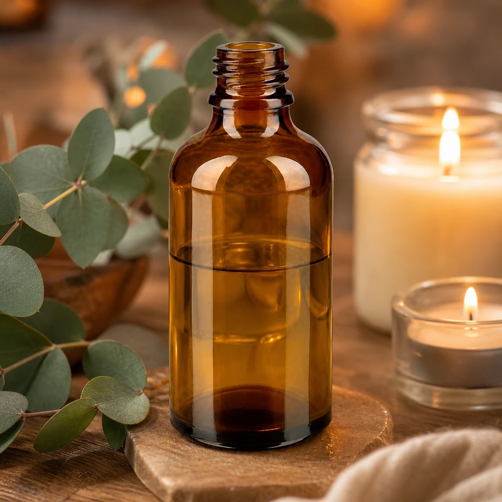 Dropperflaske 50 ml DIN 18 lavet af ravfarvet glas 50 ml brun glasflaske ApoGlas apoteksflaske med æterisk olie ved siden af stearinlys og eukalyptus