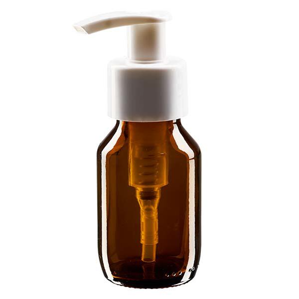 50 ml medicinflaske brun, med dispenserpumpe hvid ApoGlas. Farmaceutisk kvalitet fra EU-produktion. 28 mm (PP28) gevind. (sirup, let glasflaske)