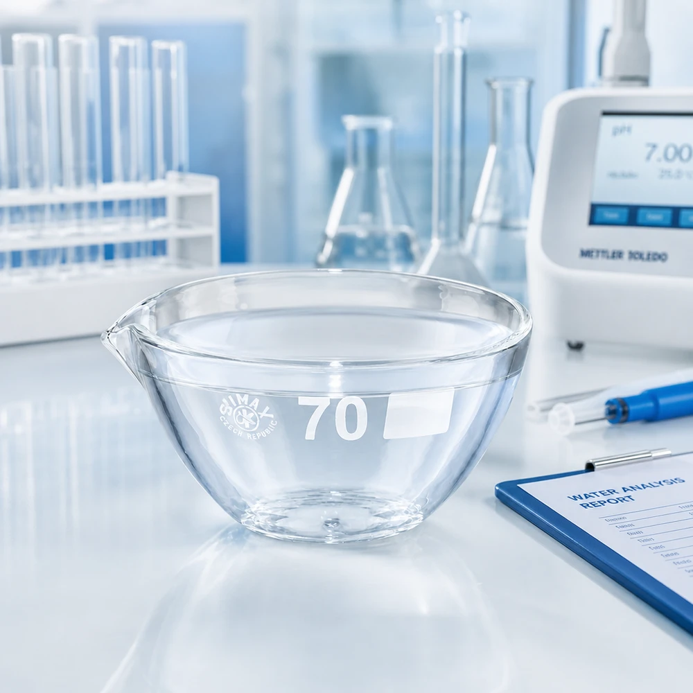 Præcis fordampningsskål 60 ml ø70 mm med tud til kvantitative analyser og fordampningsprocesser i laboratoriet
