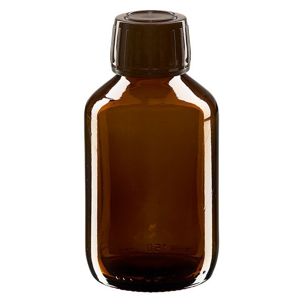 150 ml medicinflaske brun, hætte brun med manipulationssikker ring ApoGlas. Farmaceutisk kvalitet fra EU-produktion. 28 mm (PP28) gevind. (sirup, lys glasflaske)