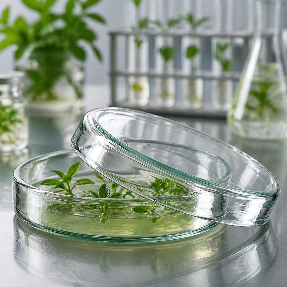60 mm petriskål af klart laboratorieglas til dyrkning af mikroorganismer og cellekulturer. Højde 15 mm Petriskåle af glas, 60 x 15 mm, med planteskud i næringsvæske foran reagensglas i laboratoriet