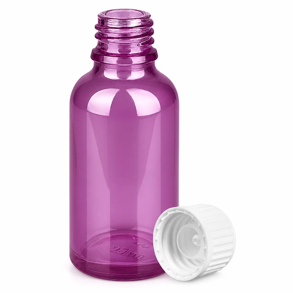 30 ml (kugle) flaske. 3 mm hældering hvid Standard PurpleLine. UT18/30 Lilla glasflaske 30 ml med hvid hætte - ideel til kosmetik og aromaterapi