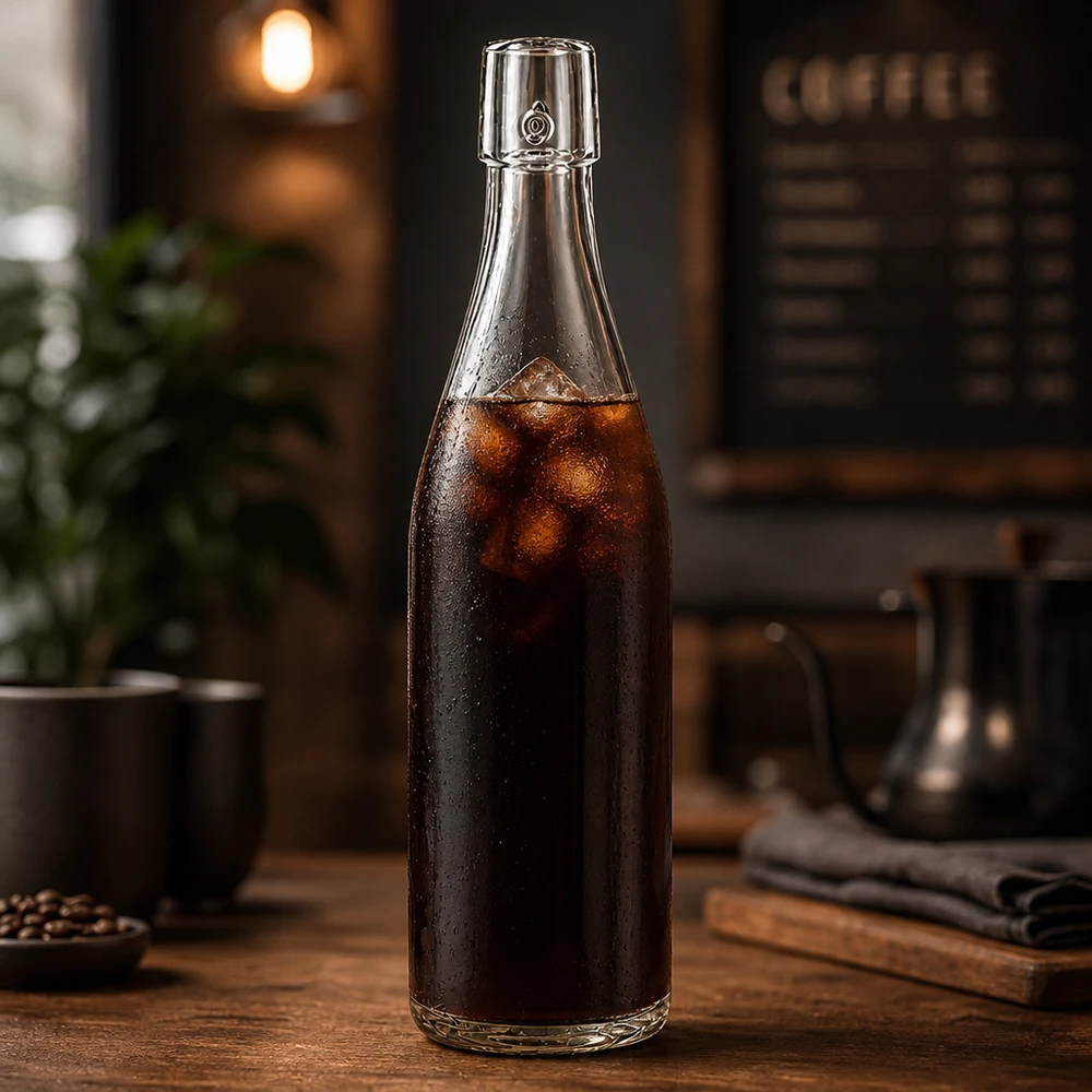 500 ml glasflaske uden skruelåg UNiTWIST 500ml UNiTWIST Glasflasche mit Cold Brew Kaffee befüllt und Eiswürfeln in stylischer Café-Atmosphäre