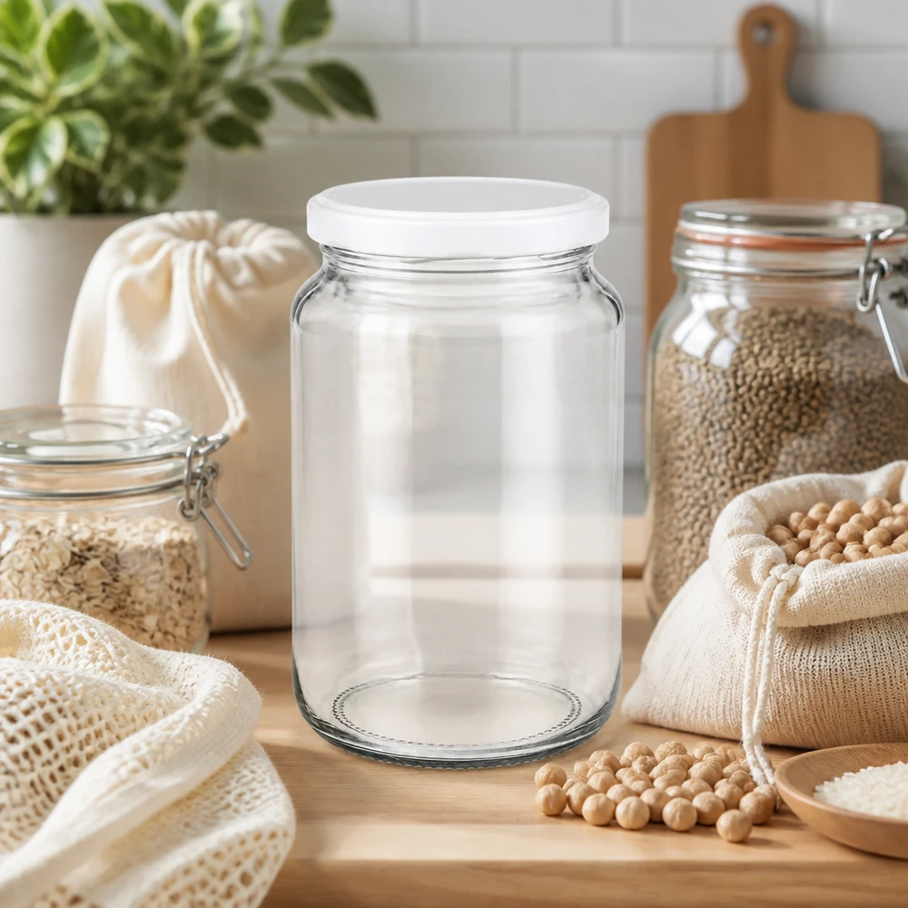 382 ml rund krukke med BasicSeal-låg hvid UNiTWIST 382ml UNiTWIST Rundglas mit weißem BasicSeal Deckel in nachhaltiger Zero-Waste Küche mit Hülsenfrüchten und Stoffbeuteln