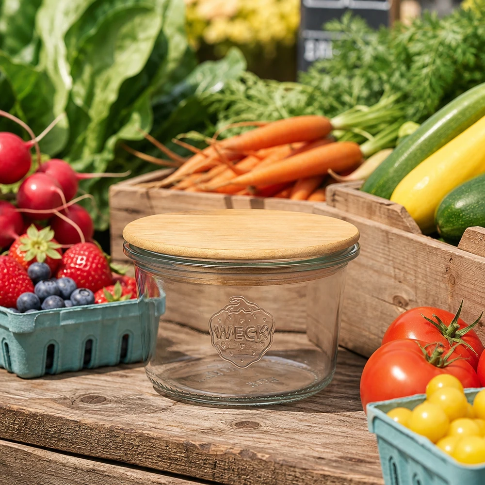 80 ml Briller WECK RR60 med trælåg WECK Sturzglas 80ml RR60 mit Bambusdeckel auf Holztisch zwischen frischem Gemüse Obst Marktstand Atmosphäre