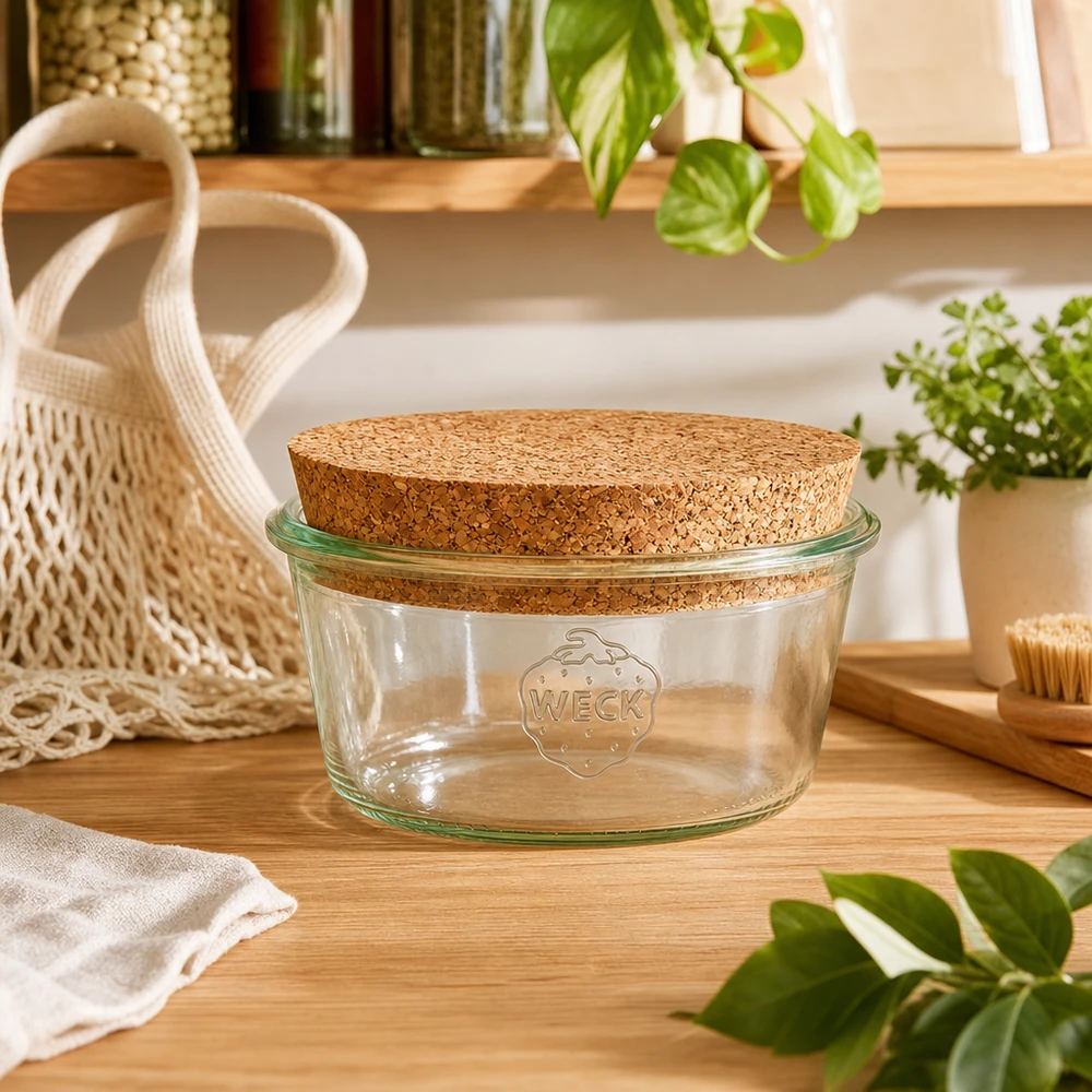 290 ml Briller lav WECK RR100 m.kork natur WECK opbevaringskrukke 290 ml RR100 med korklåg i bæredygtigt zero-waste-køkken med planter og netpose