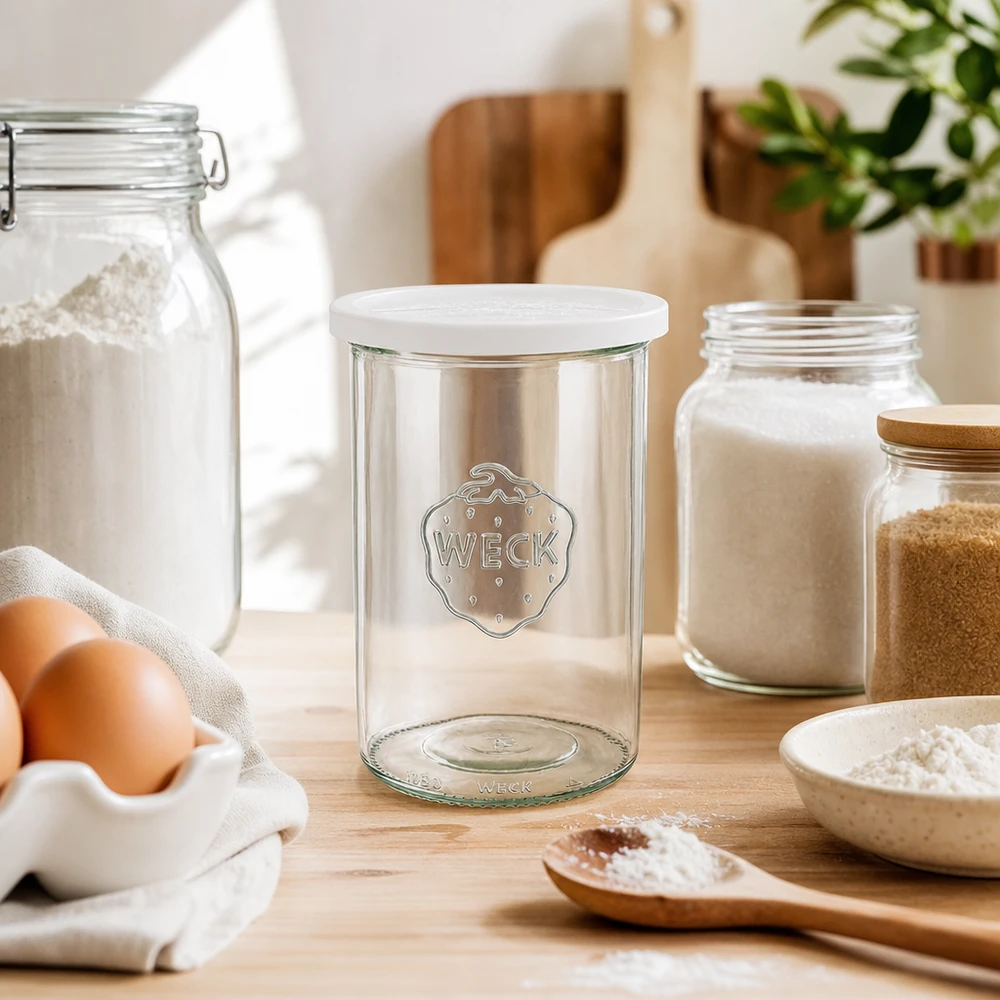 1000 ml Briller med friskhedslåg WECK RR100 WECK tumbling krukke 1000ml RR100 tom konserveringskrukke med frisk låg mellem mel æg og køkkenredskaber viser bagetilbehør