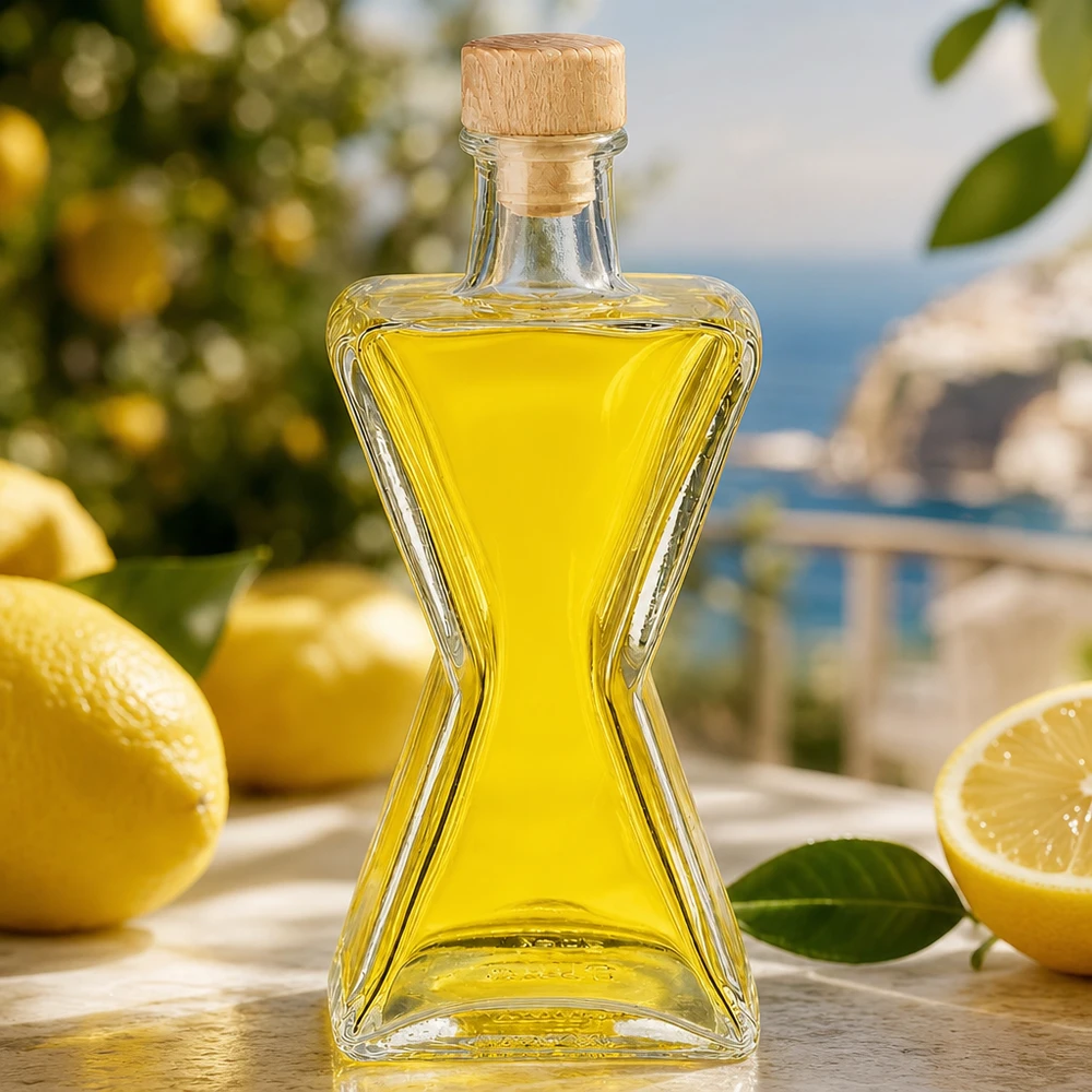 200 ml glasflaske »Star« med træhåndtag og prop UNiTWIST® 200 ml Star-glasflaske fyldt med gul olie ved siden af citroner - UNiTWIST træprop til limoncello og spiritus