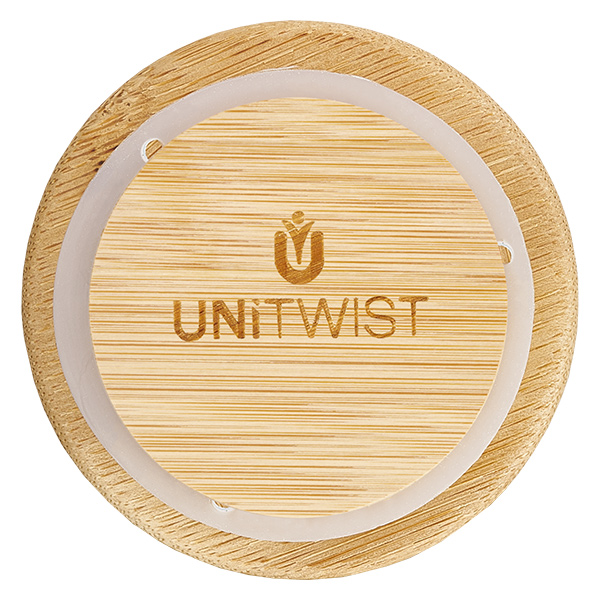 140 ml Briller WECK RR60 med trælåg UNITWIST trælåg RR60 set ovenfra med lasergraveret logo og gennemsigtig silikoneforseglingsring til WECK-krukker