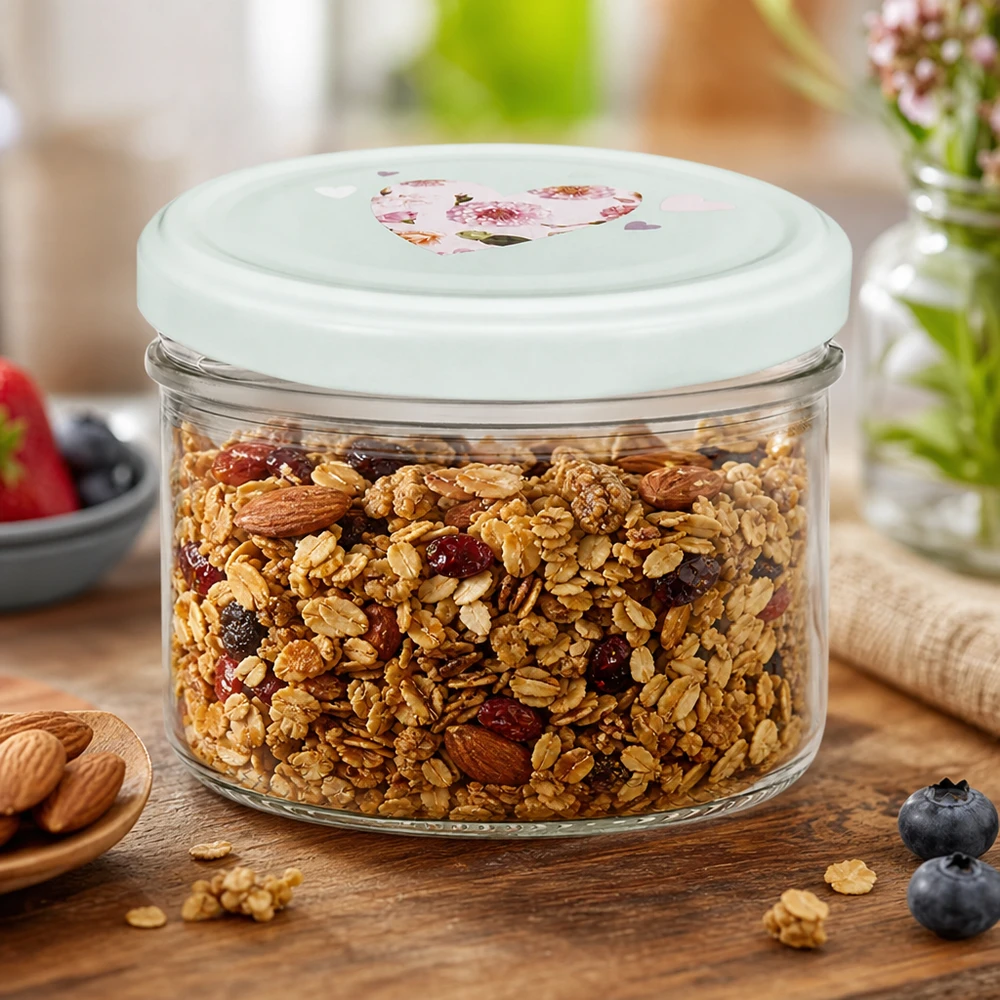 230 ml cylinderglas + BasicSeal låg hjerte mint 230 ml cylinderglas med BasicSeal-låg hjerte mint fyldt med müsli, nødder og tørret frugt på en træbase