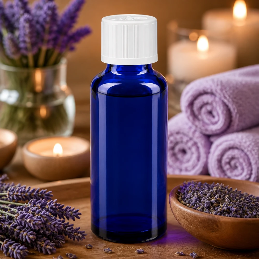 Apoteksflaske blå 30 ml skruelåg hvid KiSi St Blå 30 ml glasflaske med hvid børnesikkerhedslåg foran lavendelblomster og stearinlys