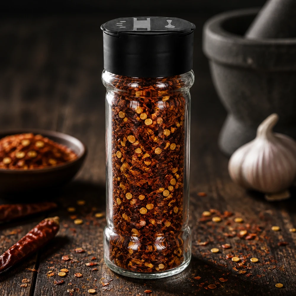 Salt-/krydderikrukke 100 ml med dobbelt strøer, sort Gennemsigtig 100 ml glasbeholder fyldt med chiliflager og sort låg med dobbelt strøfunktion