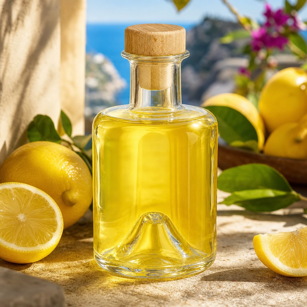200 ml apoteksflaske »Sofia« med træhåndtag og prop UNiTWIST® 200ml Glasflasche Sofia mit Holzkorken gefüllt mit Zitronenöl in mediterraner Küche mit frischen Zitronen