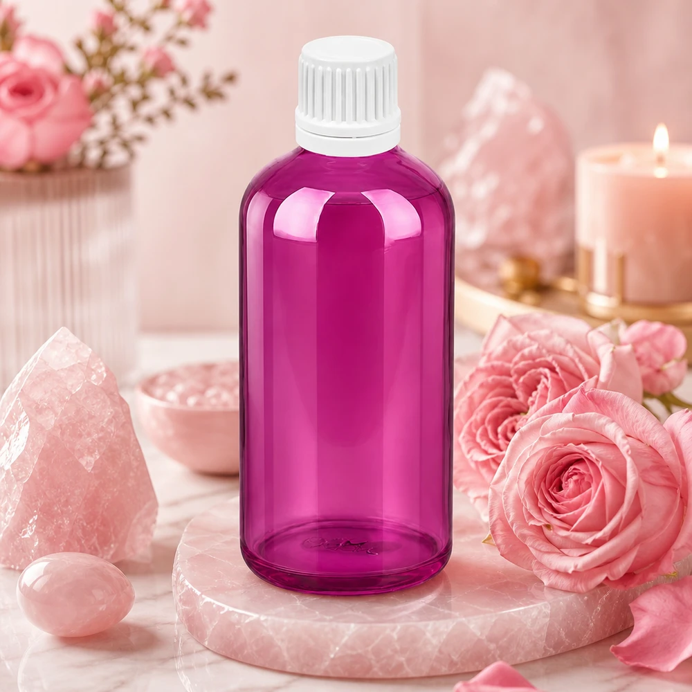 100 ml dråbeflaske 0,7 mm hvid Originality skruelåg PurpleLine UT18/100 Kompakt dråbeflaske 100 ml i lilla design med UV-beskyttelse til lysfølsomme stoffer