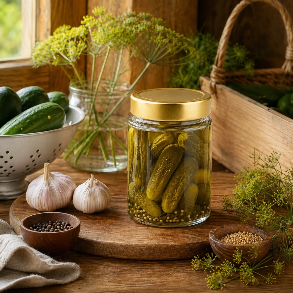 202 ml rund krukke med BasicSeal-låg guld dyb UNiTWIST 202 ml rund krukke med gyldent låg fuld af pickles - traditionel syltekrukke til syltede grøntsager