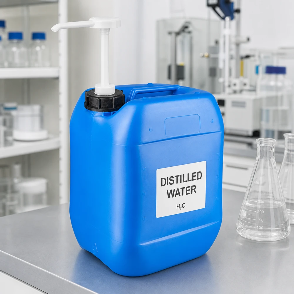 10 liters blå dunk med doseringspumpe Blå 10-liters laboratoriekanister med doseringspumpe, fyldt med destilleret vand, på et bord af rustfrit stål
