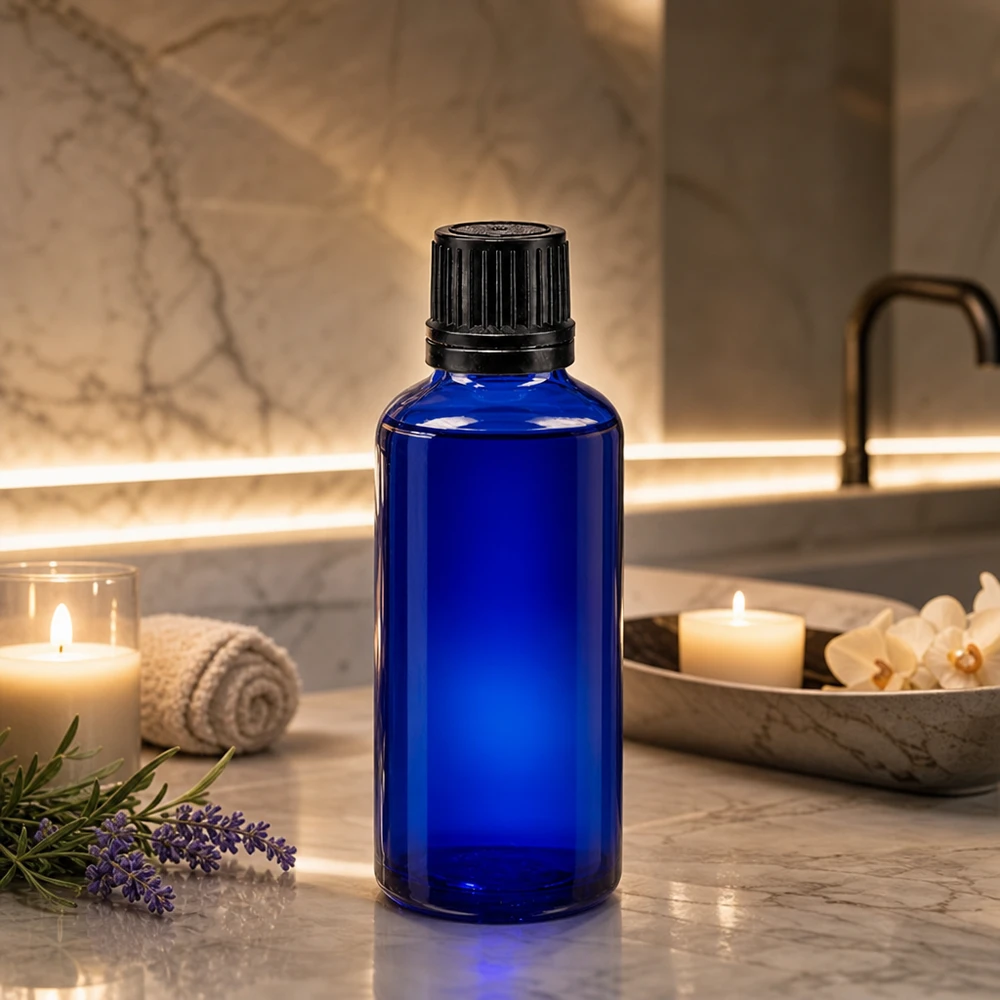 Apoteksflaske blå 50ml dryp v. Pr. 1mm sort OV Blå solcremeflaske på 50 ml med sort dråbeforsegling i stilfuld spa-stemning