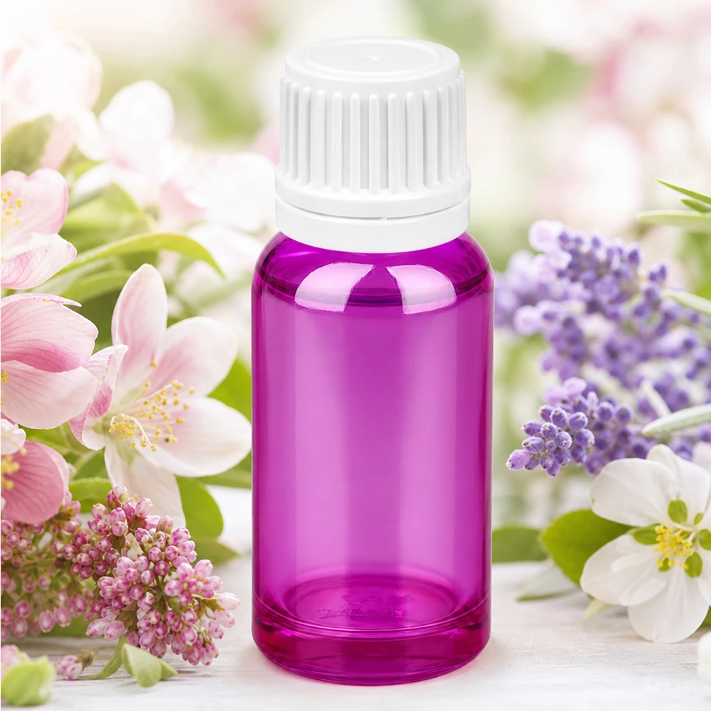 20 ml flaske 11 mm skruelåg hvid Originality skruelåg PurpleLine UT18/20 Elegant 20 ml violet glasflaske med hvid SV-hætte til essenser og ekstrakter af høj kvalitet