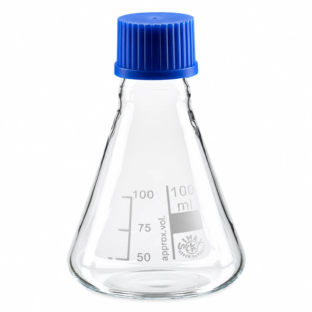 Erlenmeyer-kolbe 100 ml med skruelåg Erlenmeyer-kolbe 100 ml af glas med blåt skruelåg til laboratoriebrug