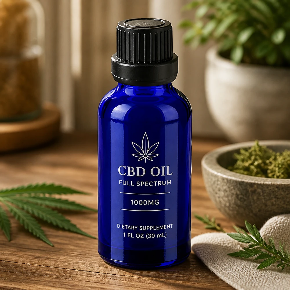 Kompakt 30 ml blå glasflaske med børnesikret hætte til CBD-olie og tinkturer