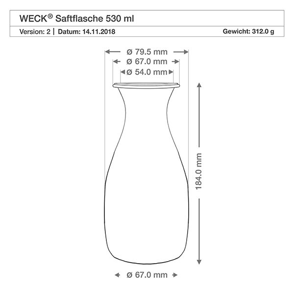 530 ml juiceflaske WECK RR60 med kork natur WECK Saftflasche 530ml technische Zeichnung mit Maßangaben Durchmesser Höhe Gewicht Spezifikation Produktdetails