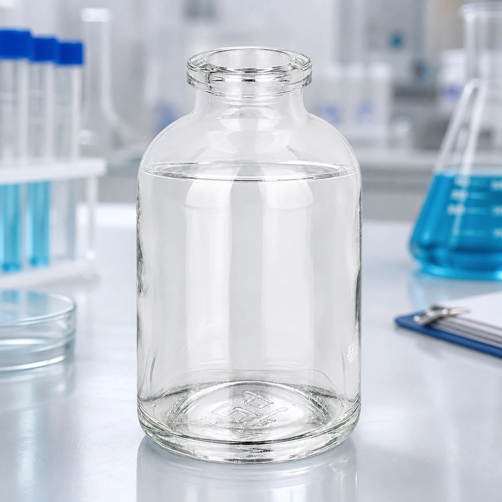 Injektionsflaske i klart glas 50 ml Kompakte Injektionsflasche 50ml Klarglas mit charakteristischer Schulterform und Enghals