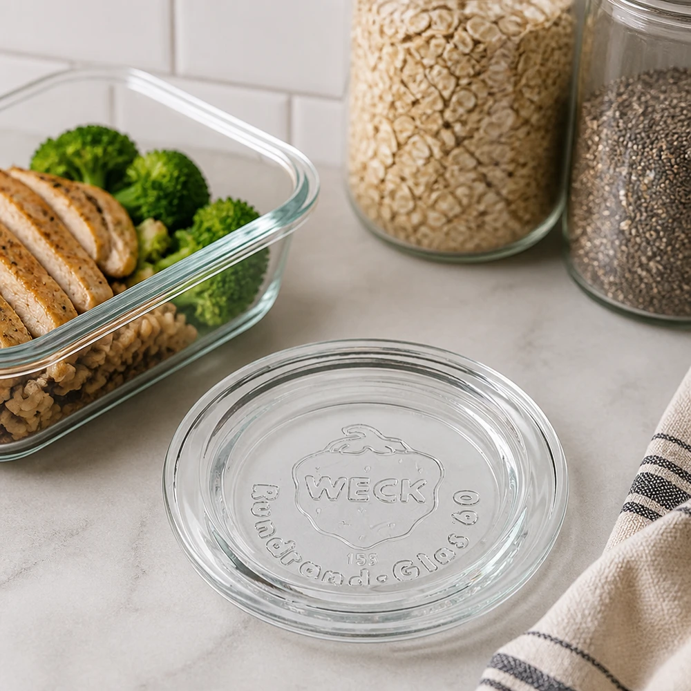 WECK glaslåg RR60 WECK RR60 glaslåg på marmorbordplade ved siden af meal prep-beholder med broccoli og opbevaringsglas Køkkenlivsstil