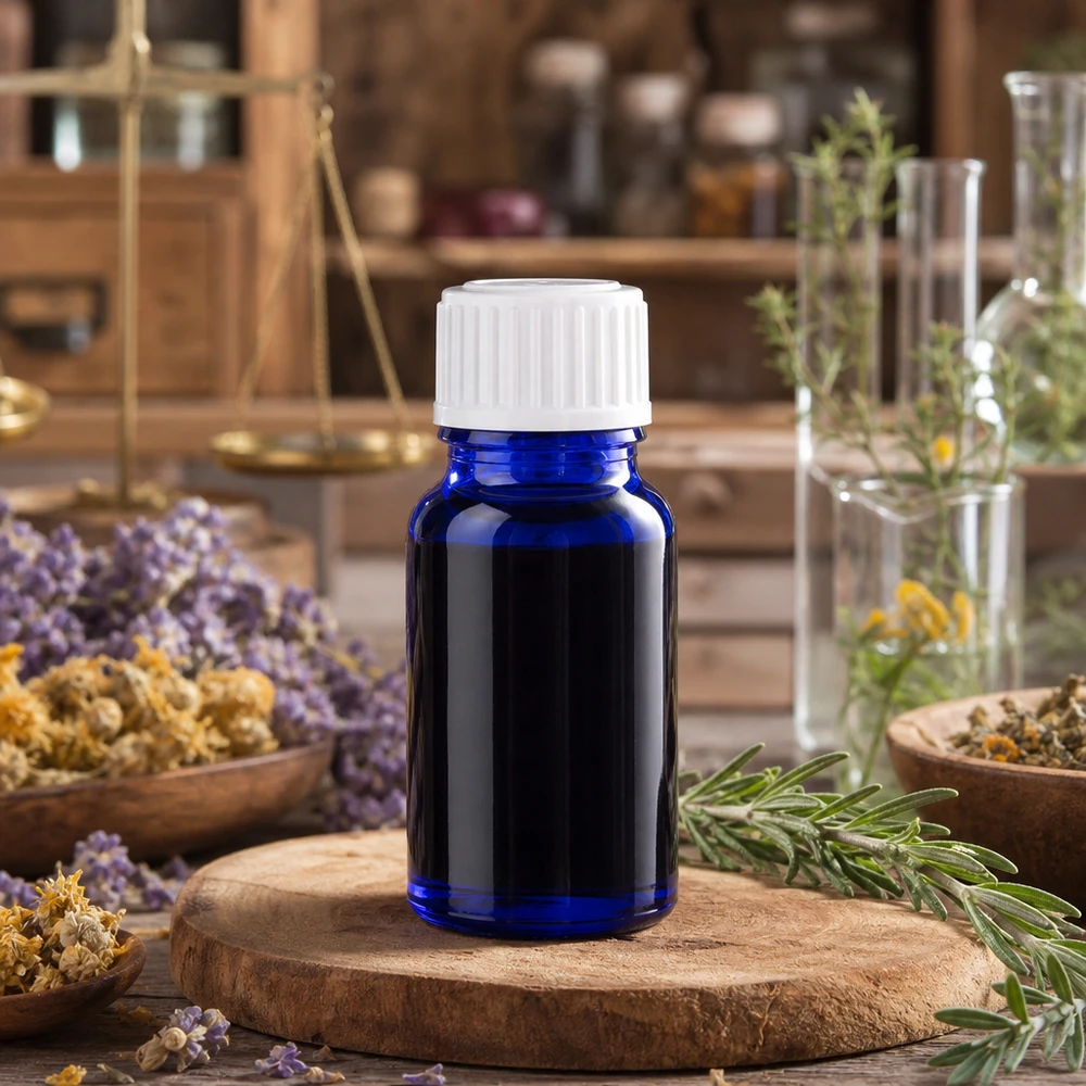 Blå 10 ml-flaske med hvid skruelåg omgivet af lavendel og lægeurter