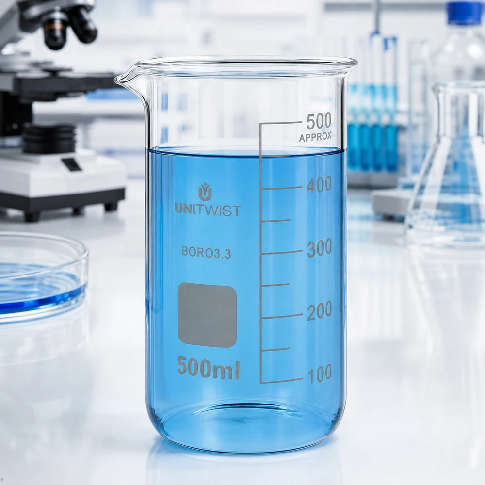 UNITWIST bægerglas, 500 ml, høj model med blå væske på hvid laboratorieoverflade