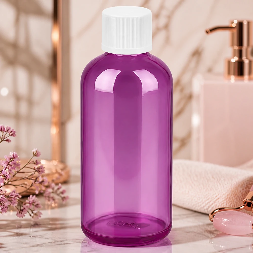 100 ml flaske 11 mm skruelåg hvid standard børnesikret PurpleLine. UT18/100 100 ml kosmetikflaske af højkvalitetsplast i elegant lilla med sikker hætte