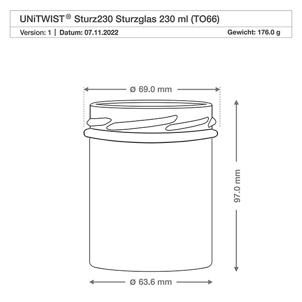 UNiTWIST Sturz230 - Briller med indhold 230 ml TO66 UNITWIST Sturz230 drikkeglas 230ml TO66 teknisk tegning med mål 69mm diameter 97mm højde vægt 176g