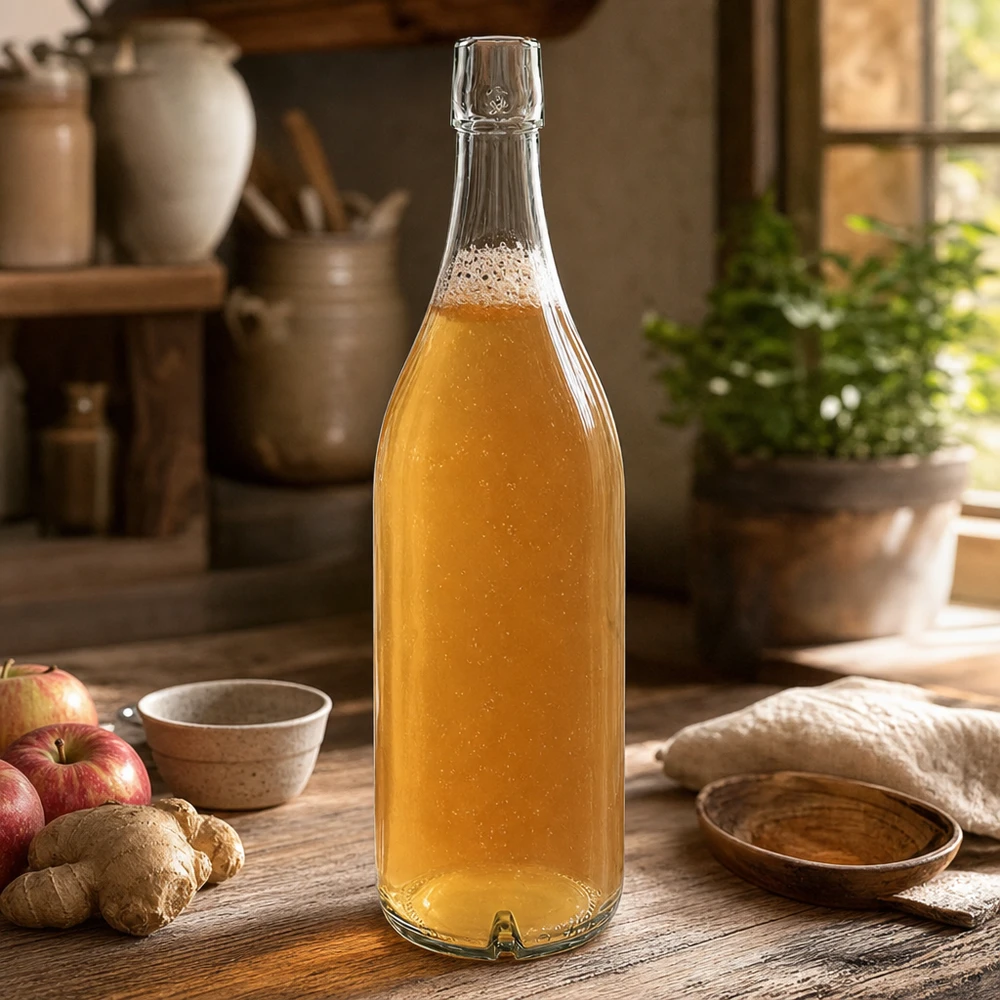 1000 ml glasflaske uden skruelåg UNiTWIST 1000 ml glasflaske UNiTWIST med gyldent indhold på et træbord ved siden af æbler og ingefær i et rustikt køkken.