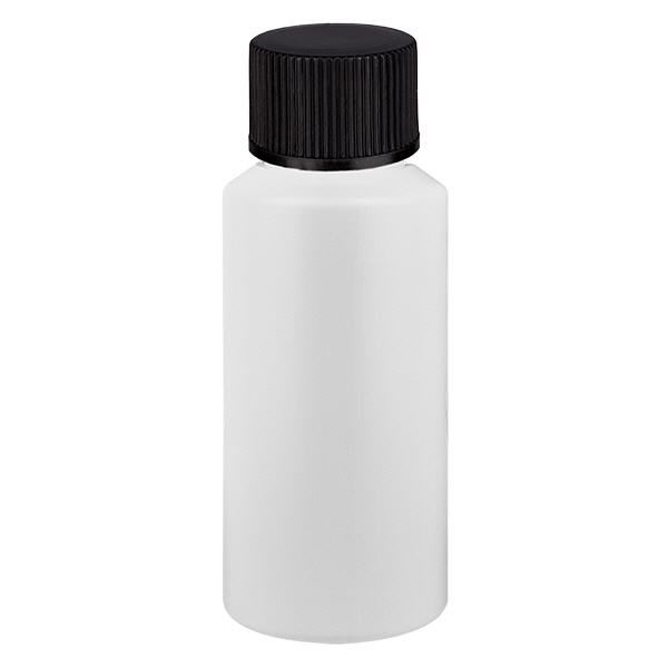 Apoteksflaske HDPE 30ml hvid, med sort SV Apoteksflaske HDPE 30ml hvid, med sort SV