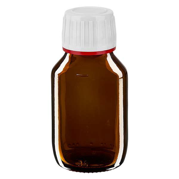 50 ml medicinflaske brun, hætte hvid med manipulationssikker ring rød ApoGlas. Farmaceutisk kvalitet fra EU-produktion. 28 mm (PP28) gevind. (sirup, lys glasflaske) 50 ml medicinflaske brun, hætte hvid med manipulationssikker ring rød ApoGlas. Farmaceutisk kvalitet fra EU-produktion. 28 mm (PP28) gevind. (sirup, lys glasflaske)