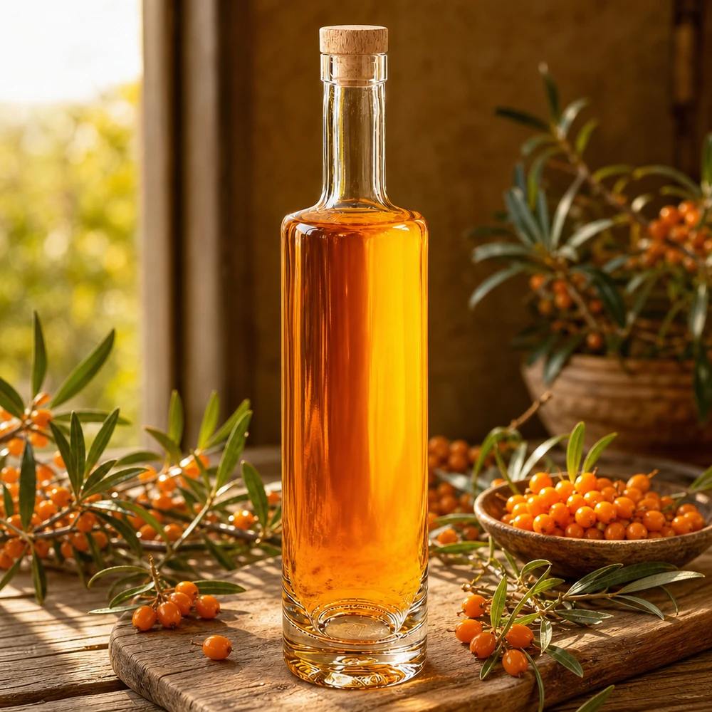 500 ml glasflaske »Lina« med træhåndtag UNiTWIST® 500ml Glasflasche Lina mit Holzkorken gefüllt mit Sanddornöl zwischen Sanddornbeeren warmes Sonnenlicht Ambiente