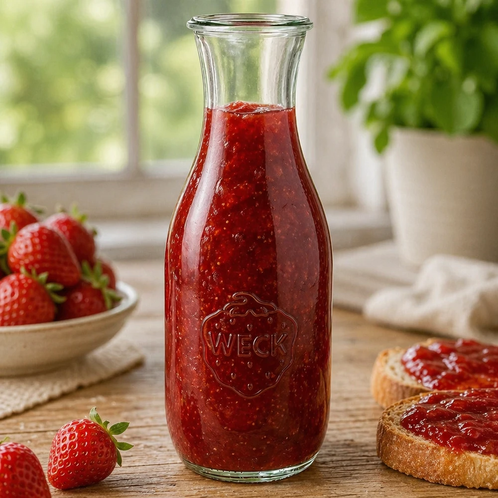 1062 ml saftflaske WECK RR60 WECK juiceflaske 1062ml RR60 fyldt med hjemmelavet jordbærmarmelade ved siden af brødskiver og friske bær