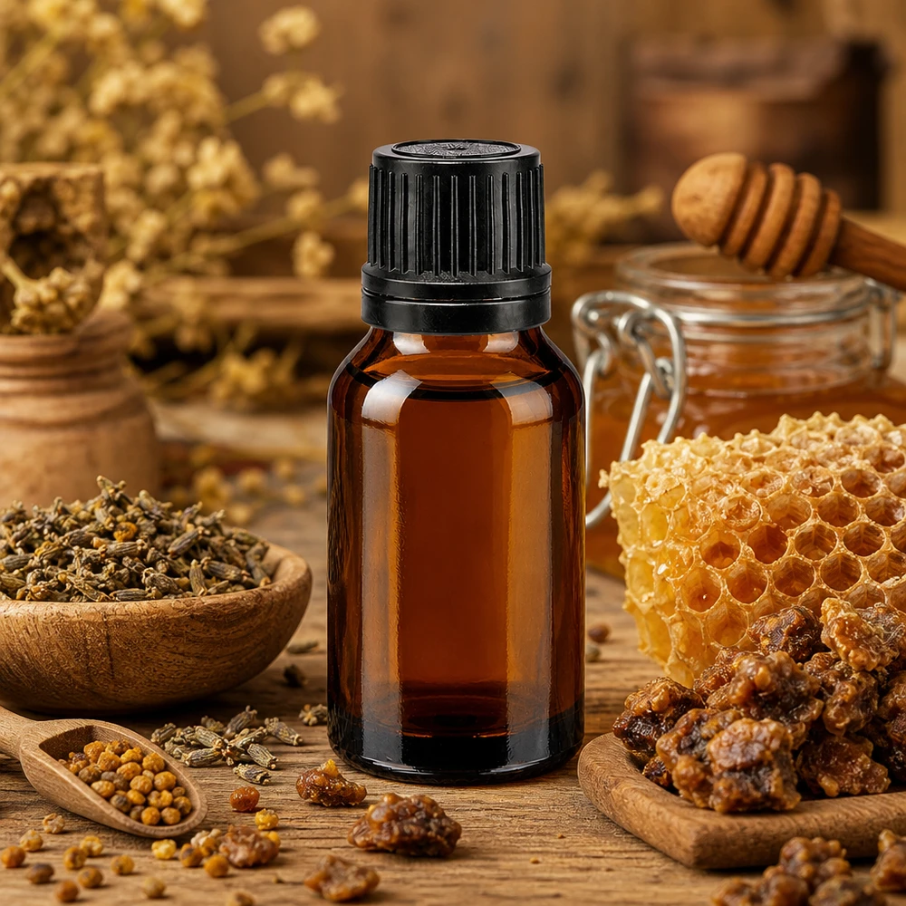 Brun 15 ml apotekerflaske med skruelåg mellem honningkage, propolis og bi pollen