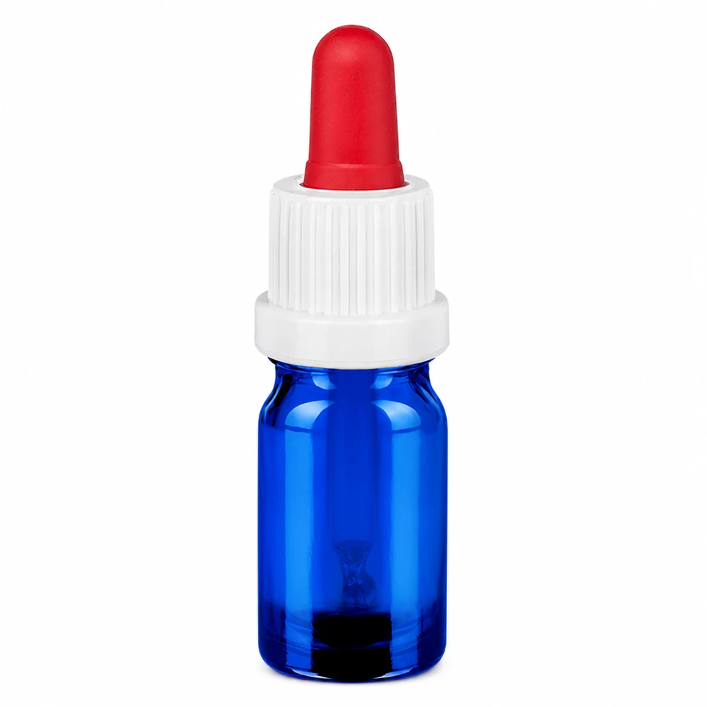 5 ml pipetteflaske hvid/rød OV BlueLine UT18/5 5 ml pipetteflaske af blåt glas med hvid hætte og rød pipetteforsats til præcis dosering