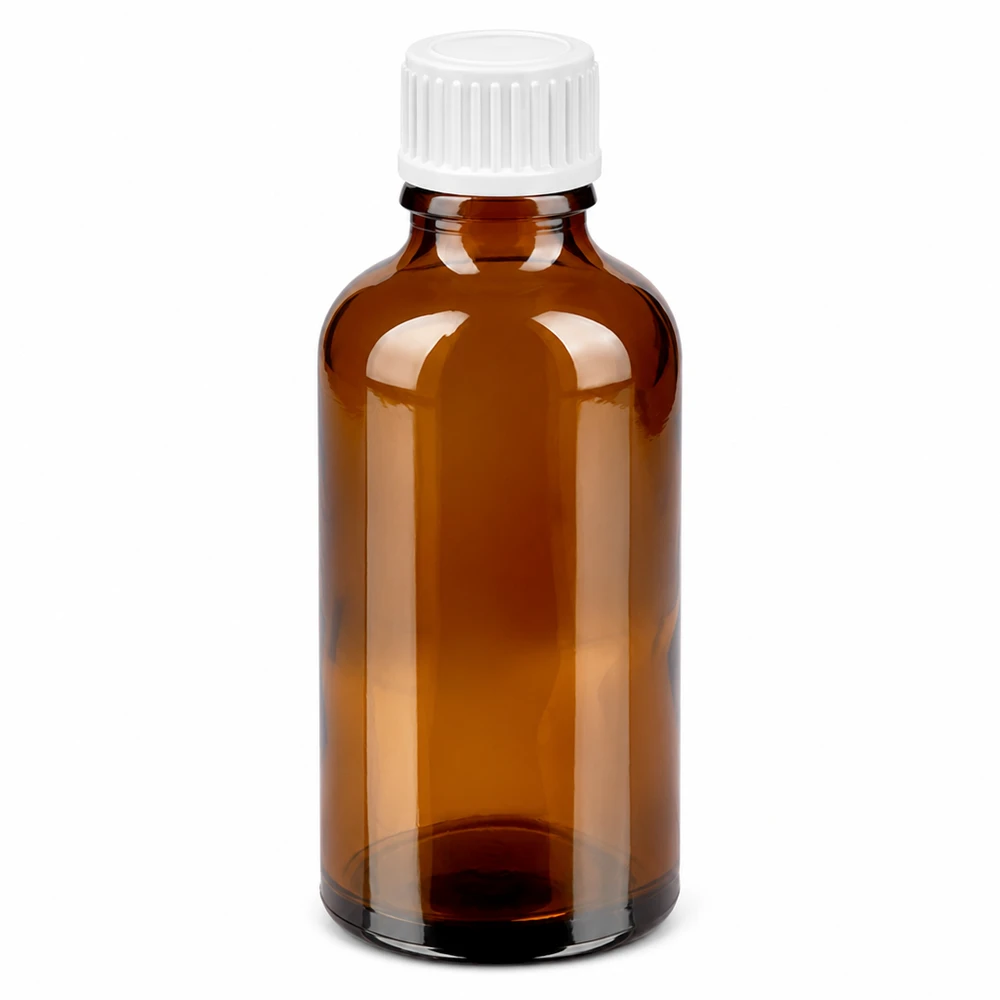 50 ml dråbeflaske 0,9 mm hvid STD BrownLine UT18/50 50 ml dråbeflaske af ravfarvet glas med hvid hætte og 0,9 mm dråbeindsats til præcis dosering