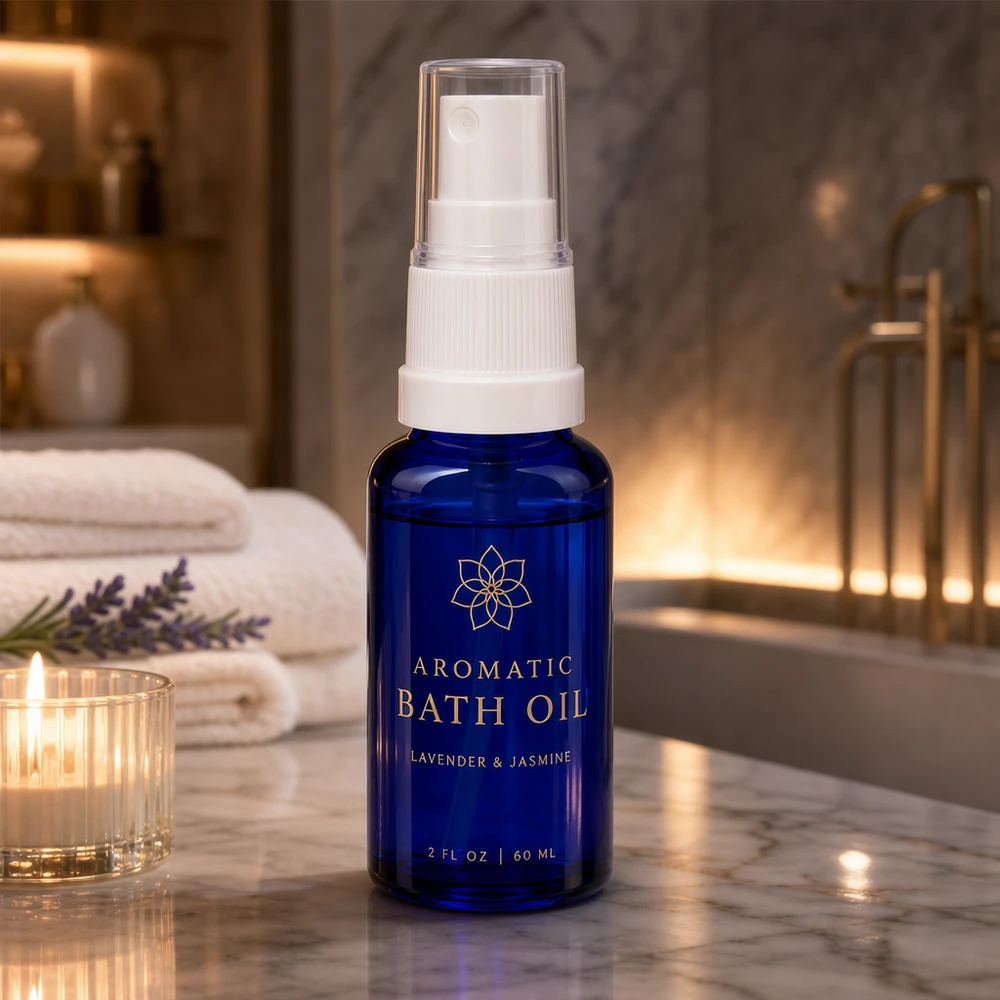 Blå 20 ml glasflaske med pumpespray i et luksuriøst badeværelse med marmor og stearinlys