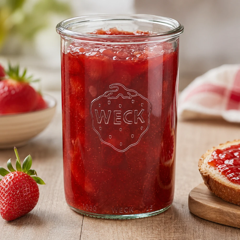 1000 ml WECK RR100-glas med skrå kant WECK 1000 ml RR100-krukke fyldt med jordbærmarmelade på et træbord med friske jordbær og brød